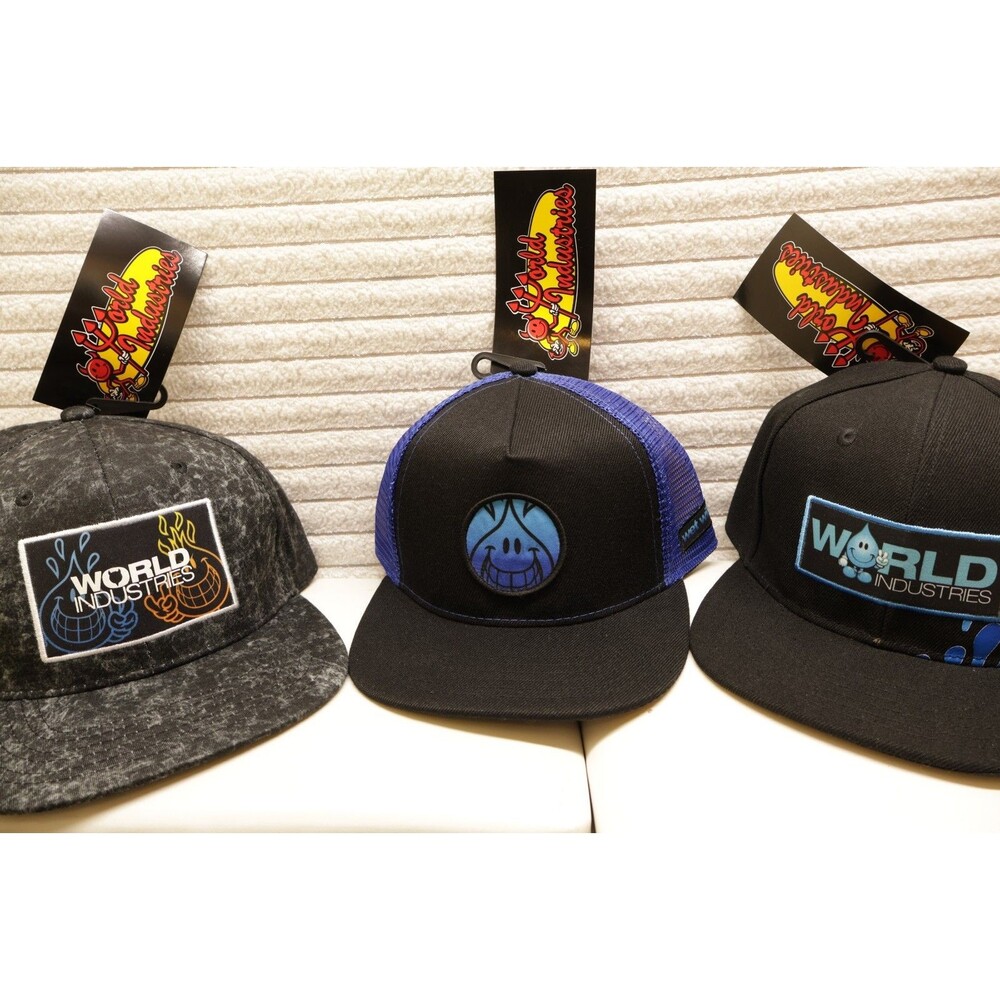 World Industries Snapback Hat Bundle Flame Boy Wet Willy Skateboarding Caps 3pc